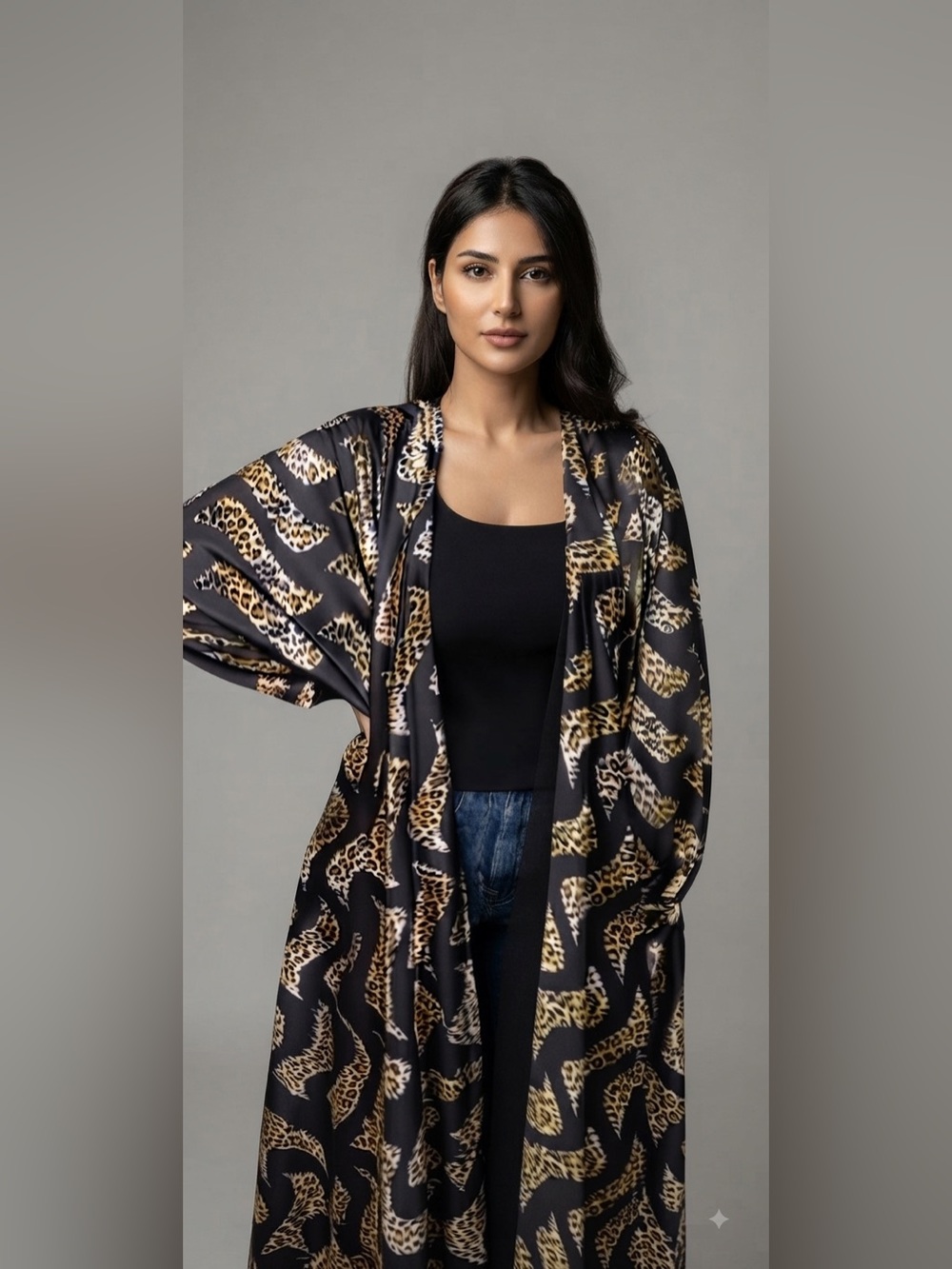 Reversible Satin & Chiffon Leopard Print Abaya with Matching Hijab – One Size